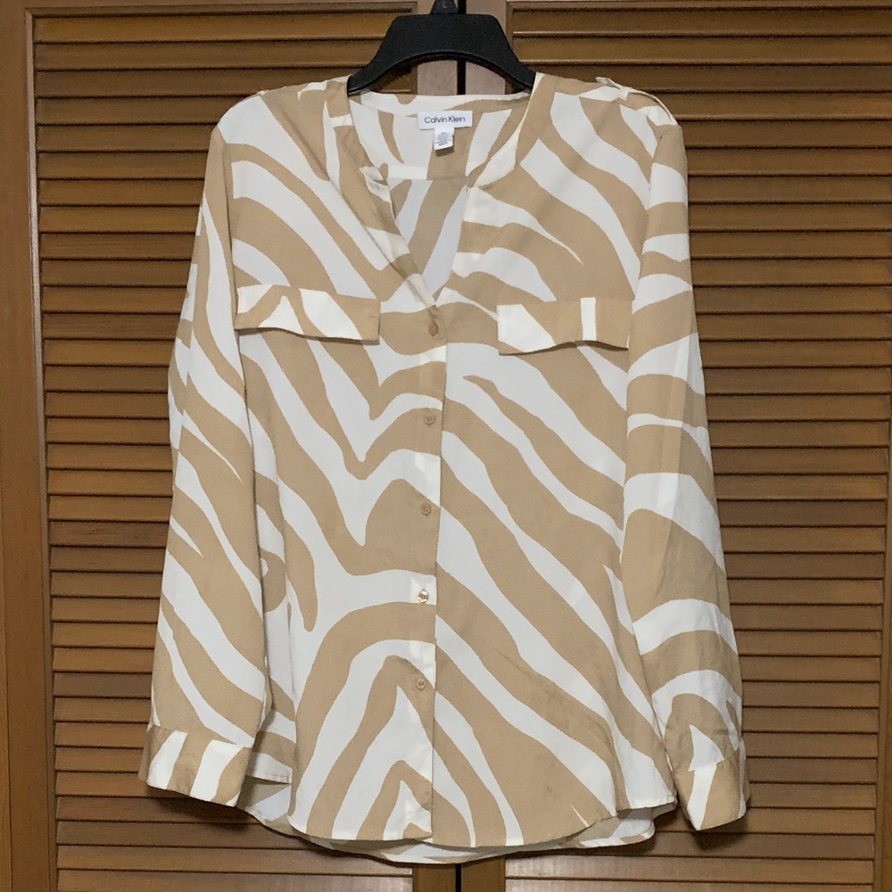 Calvin Klein Tan Zebra Striped Lightweight Long Sleeve Blouse XL
